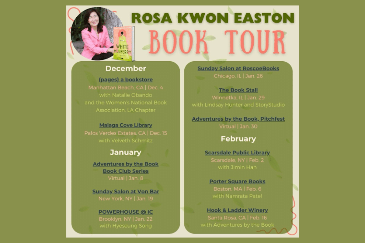 Book tour dates for White Mulberry by Rosa Kwon Easton