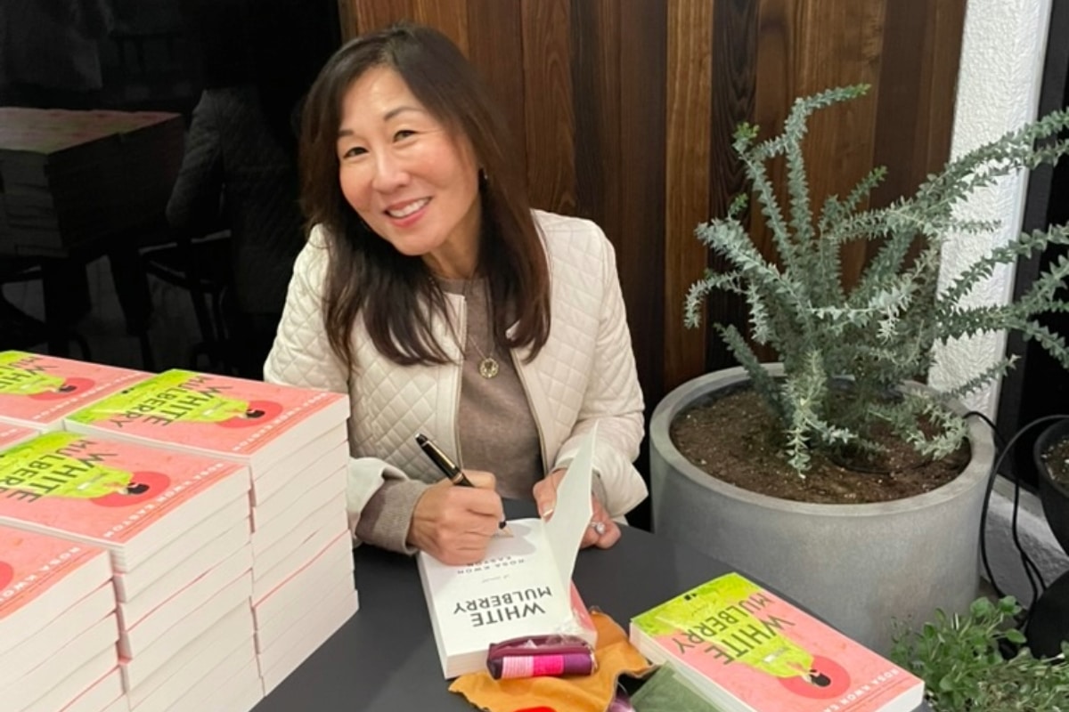 Rosa Easton signing her first novel White Mulberry